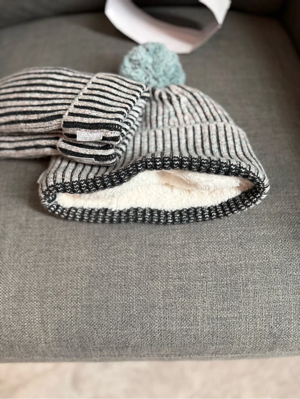 lululemon athletica Striped Cozy Fleece-Lined  mittens and beanie- Black & White